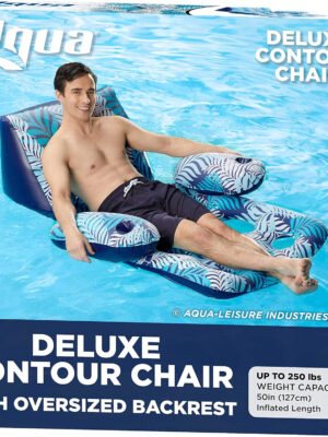 Aqua Deluxe Contour Pool Chair Lounge. Luxury Fabric. Suntanner Adult Size Pool Float. Lake Floating Chair. Heavy Duty. Blue/White Fern